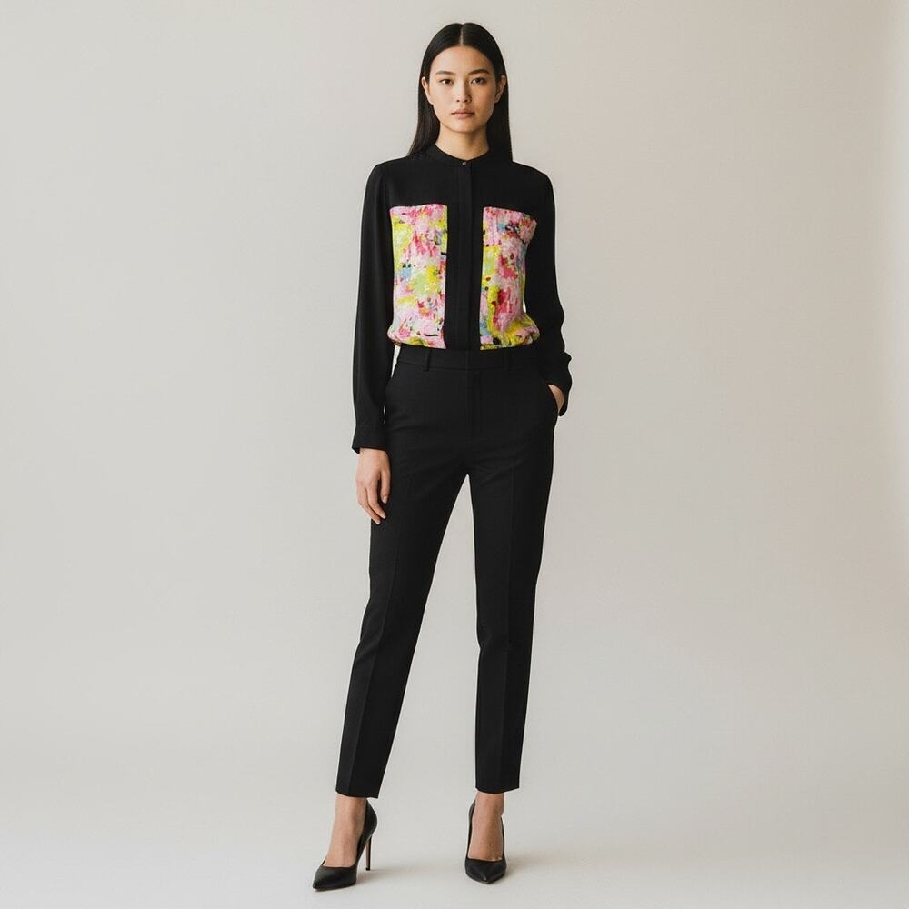 Tibi Digital Geo Print Blouse Abstract Pixelated Art Top Black Size 4